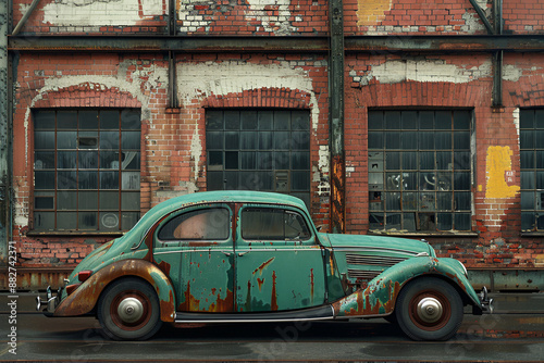 View of the same vintage green car against a different section of the industrial brick building, emphasizing the car’s rustic charm and patina photo