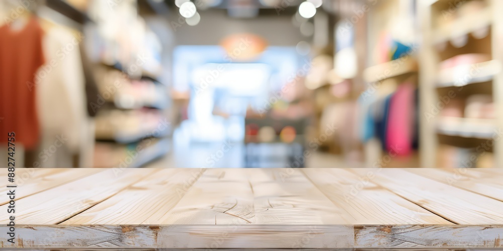 white wooden wooden table with blurred background blurry store background . white wooden wooden table with blurred background blurry store background .