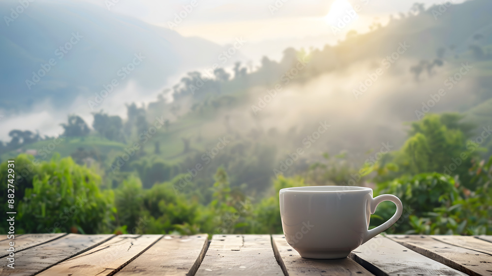 Close up white coffee cup on wood table and view of nature background Close up white coffee cup on wood table and view of nature background