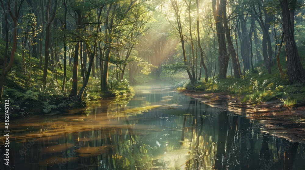 Obraz premium Enchanted woodlands. Serene capture of forest bathed in gentle morning sunlight reflecting in tranquil river ideal nature landscape and scenic collections