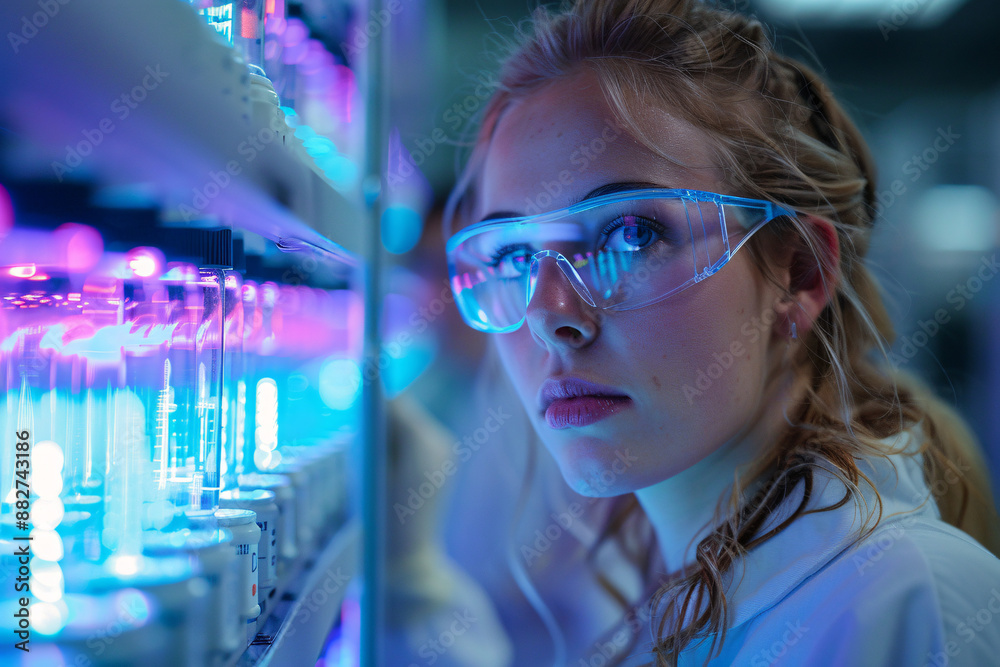 A focused female scientist in protective eyewear, examining illuminated samples in a high-tech laboratory with vibrant blue and purple lighting A focused female scientist in protective eyewear, examining illuminated samples in a high-tech laboratory with vibrant blue and purple lighting
