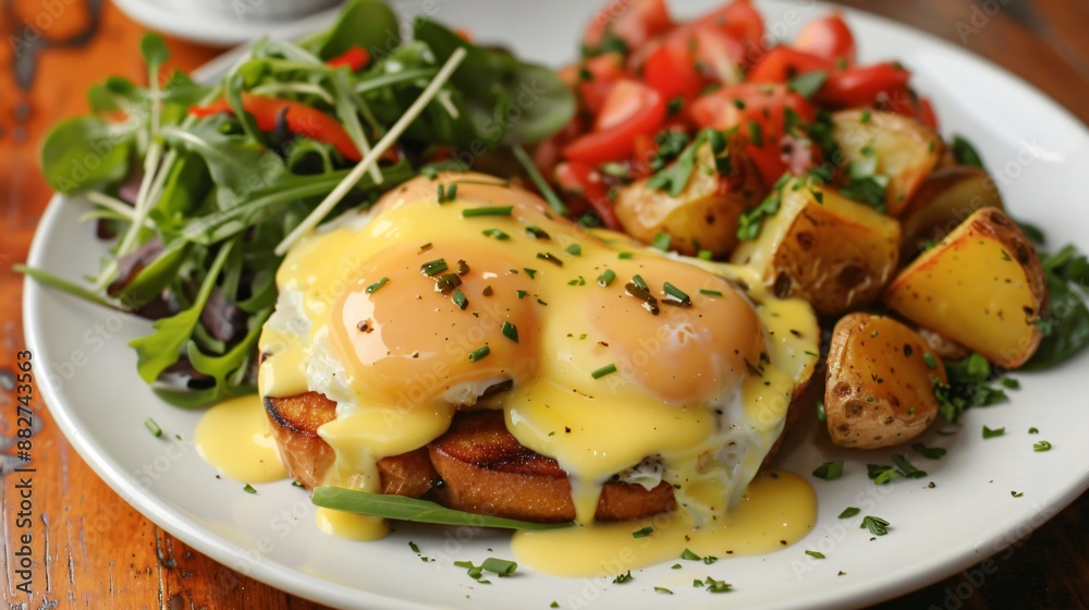 A beautifully plated eggs benedict with hollandaise sauce, served with a side of mixed greens and roasted potatoes A beautifully plated eggs benedict with hollandaise sauce, served with a side of mixed greens and roasted potatoes