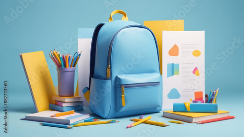 A bright blue backpack sits in the center of the image, surrounded by colorful pencils, notebooks, and other school supplies, all against a vibrant blue backdrop