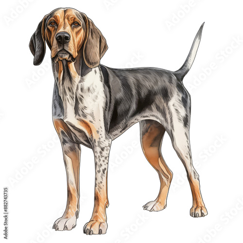 Illustration of American English Coonhound Dog, Hound Group Dogs in a White Background