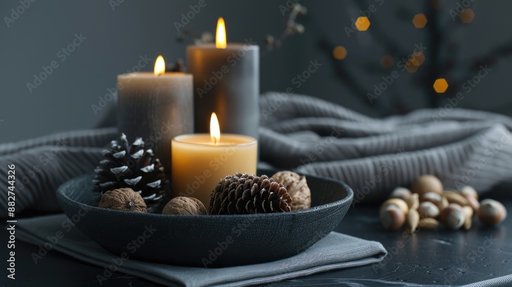 Creating a warm ambiance at home with candles cones nuts in a black bowl on a gray napkin on a black table Embracing a cozy living style with dark interior elements Creating a warm ambiance at home with candles cones nuts in a black bowl on a gray napkin on a black table Embracing a cozy living style with dark interior elements