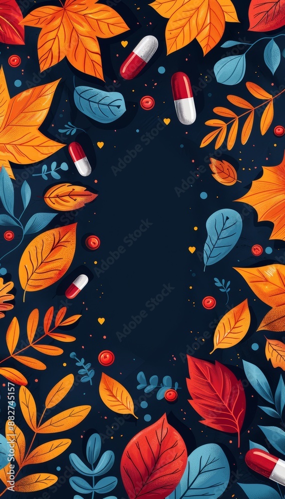 Autumn leaves frame a dark background with red and white pills. A simple and elegant design for healthcare or pharmacy. Autumn leaves frame a dark background with red and white pills. A simple and elegant design for healthcare or pharmacy.