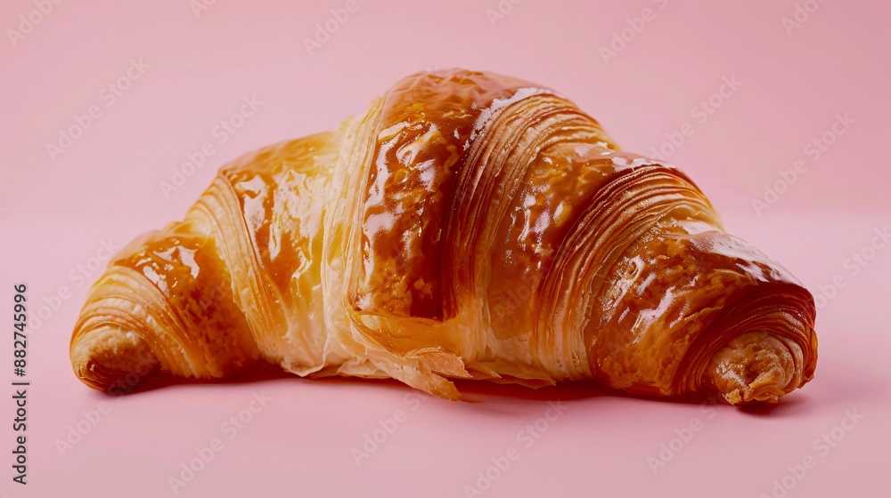 A golden croissant with a shiny glaze, set against a pastel pink background A golden croissant with a shiny glaze, set against a pastel pink background