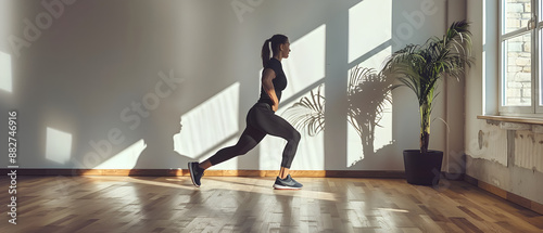 A person in athletic attire performing reverse lunges in a simple, clean and minimalistic setting. photo