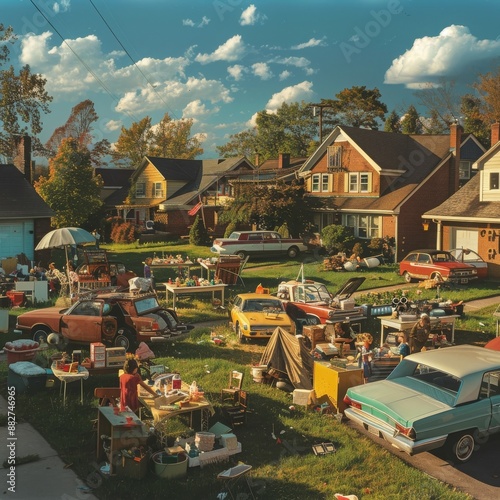 Suburban Yard Sale On A Sunny Summer Day