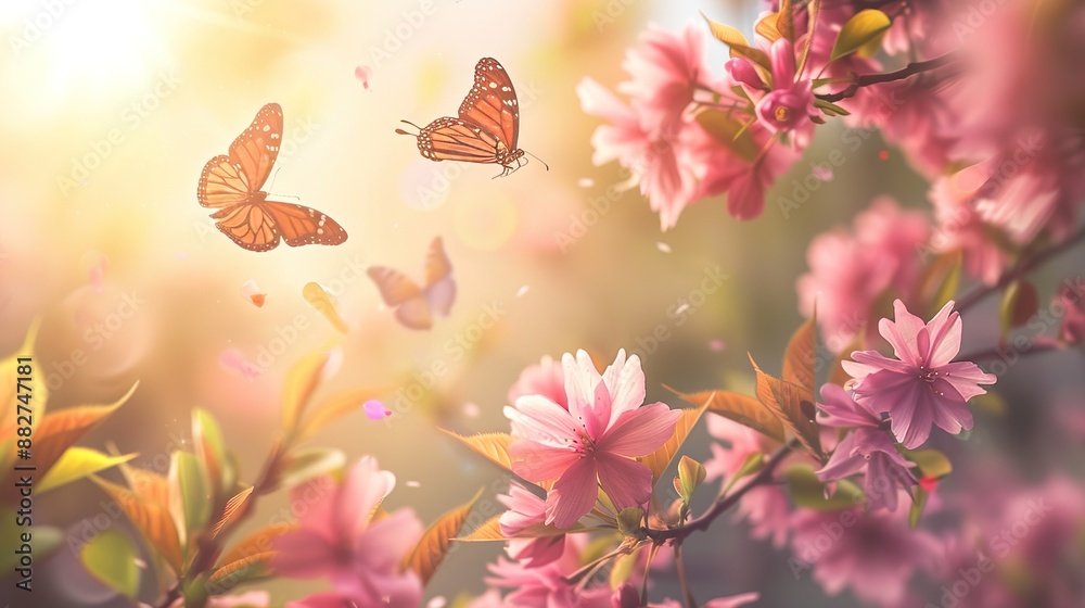 Embrace the Serenity of Spring: A Radiant Canvas of Pink Blossoms Embraced by Colorful Butterflies under Gentle Sunlight, Showcasing the Raw Beauty and Vitality of Nature Embrace the Serenity of Spring: A Radiant Canvas of Pink Blossoms Embraced by Colorful Butterflies under Gentle Sunlight, Showcasing the Raw Beauty and Vitality of Nature