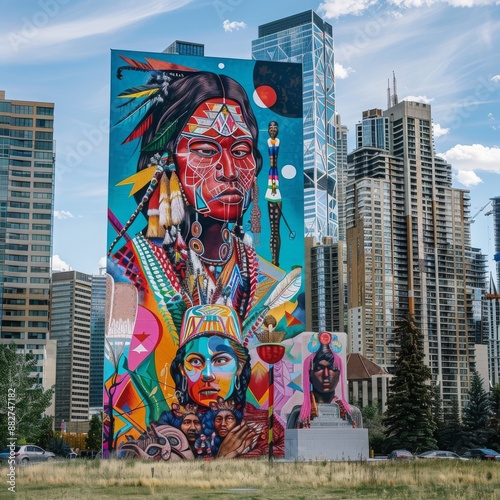 Colorful Indigenous Mural on Building in Downtown Calgary