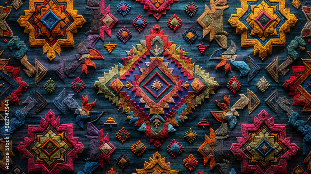 Fototapeta premium A telephoto angle photo of a Latin American pattern background with Aztec or Incan motifs, rich in history and vibrant in color, with copy space