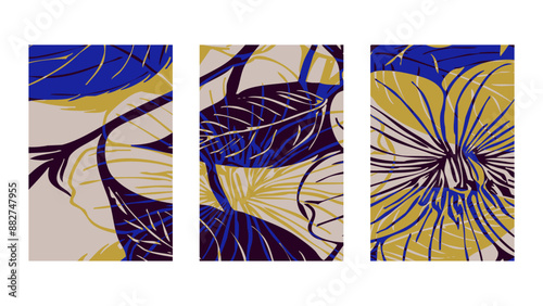 Set of 3 Botanical background. Abstract plant shapes. Minimalist illustration for printing on wall decorations.
