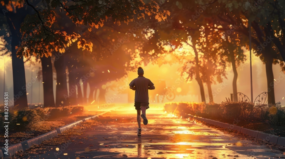 sunrise morning jogging on the street, athlete tree background sunrise morning jogging on the street, athlete tree background