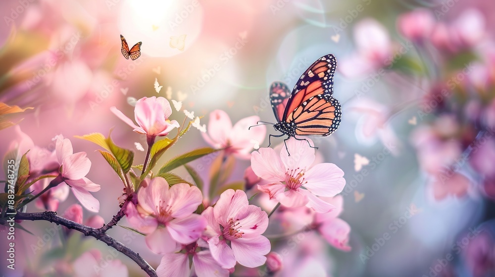 Embrace the Serenity of Spring: A Radiant Canvas of Pink Blossoms Embraced by Colorful Butterflies under Gentle Sunlight, Showcasing the Raw Beauty and Vitality of Nature Embrace the Serenity of Spring: A Radiant Canvas of Pink Blossoms Embraced by Colorful Butterflies under Gentle Sunlight, Showcasing the Raw Beauty and Vitality of Nature