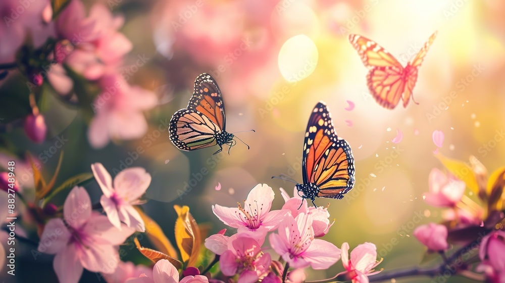 custom made wallpaper toronto digitalEmbrace the Serenity of Spring: A Radiant Canvas of Pink Blossoms Embraced by Colorful Butterflies under Gentle Sunlight, Showcasing the Raw Beauty and Vitality of Nature