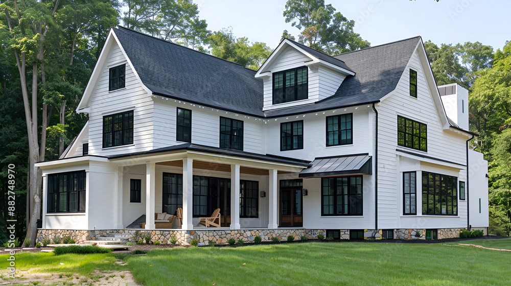 Brand New White Contemporary Farmhouse With Dark Shingled Roof,modern farmhouse with lExterior of a beautiful house with green lawn and walkway Genush greenery, blooming flowers sleek exterior Brand New White Contemporary Farmhouse With Dark Shingled Roof,modern farmhouse with lExterior of a beautiful house with green lawn and walkway Genush greenery, blooming flowers sleek exterior