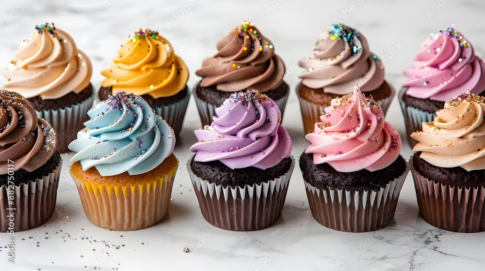 Gourmet Cupcakes with Frosting Swirls and Edible Glitter in Colorful Pattern Gourmet Cupcakes with Frosting Swirls and Edible Glitter in Colorful Pattern