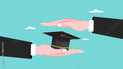 education insurance, guarantee for reduced education costs in the future, child education insurance, strategies for achieving career success, big businessman hand protect graduation cap with insurance