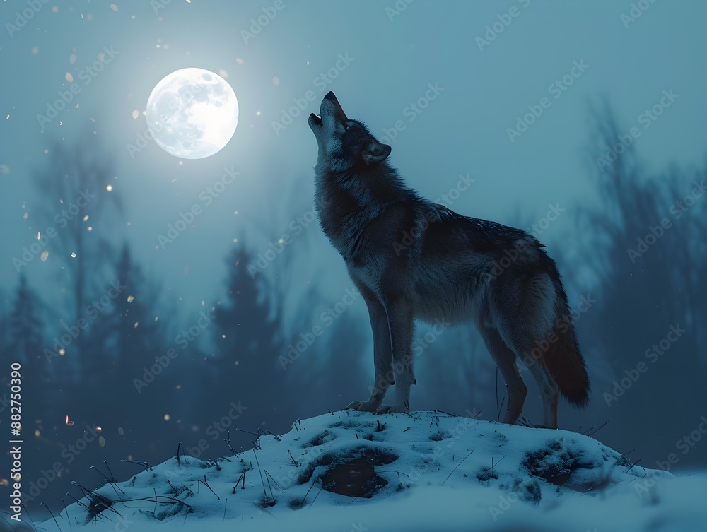 Naklejka premium Regal Wolf Howling at Moonlit Snowy Landscape