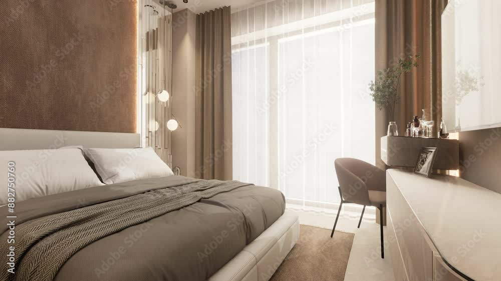 The interior design of a modern bedroom in coffee tones. 3D animation.	