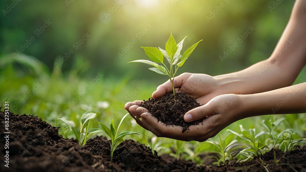 Earth Day Nurturing New Life Female Hand Holds Tree Seedling Against Bokeh Green Background Earth Day Nurturing New Life Female Hand Holds Tree Seedling Against Bokeh Green Background