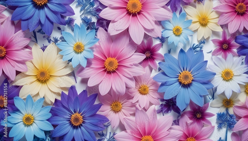 Fototapeta premium Intricate botanical pattern featuring a diverse array of flowers in shades of pink, purple, and yellow on a pure white surface