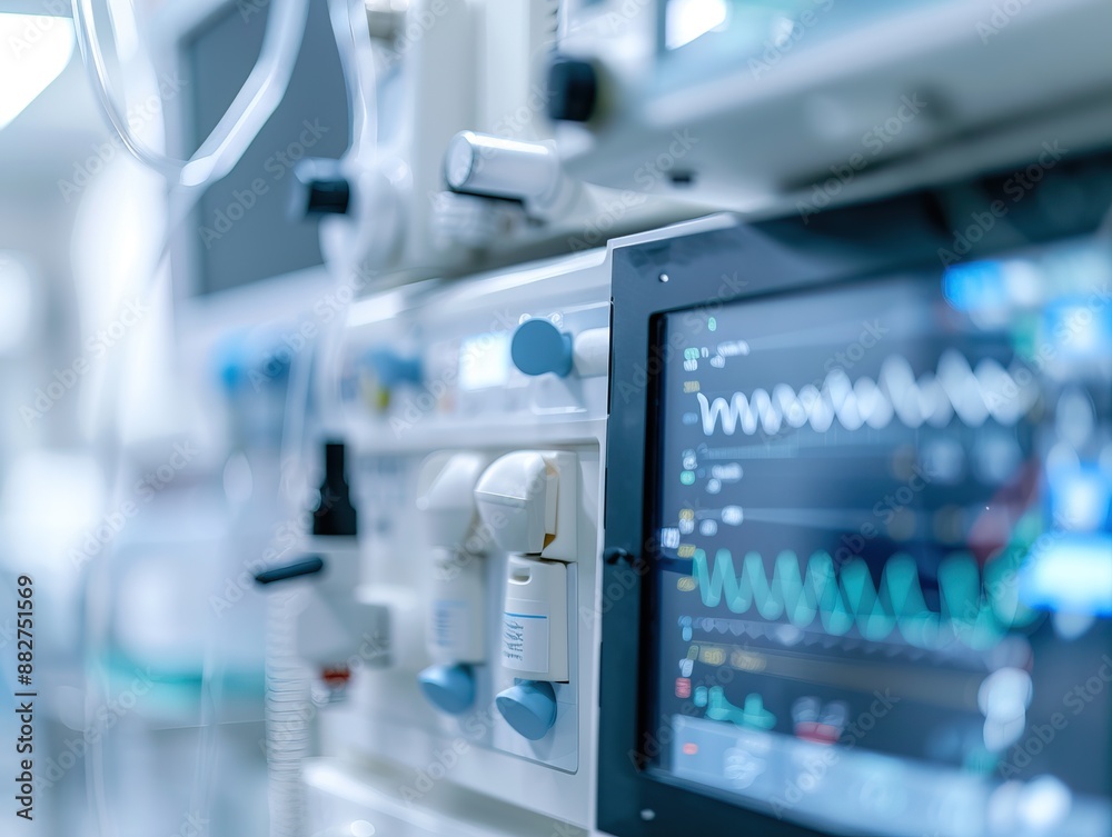 Close-up of medical monitor displaying vital signs in a hospital advanced healthcare equipment Close-up of medical monitor displaying vital signs in a hospital advanced healthcare equipment