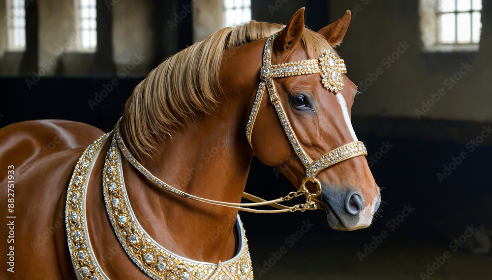 beautiful royal brown horse with golden harness