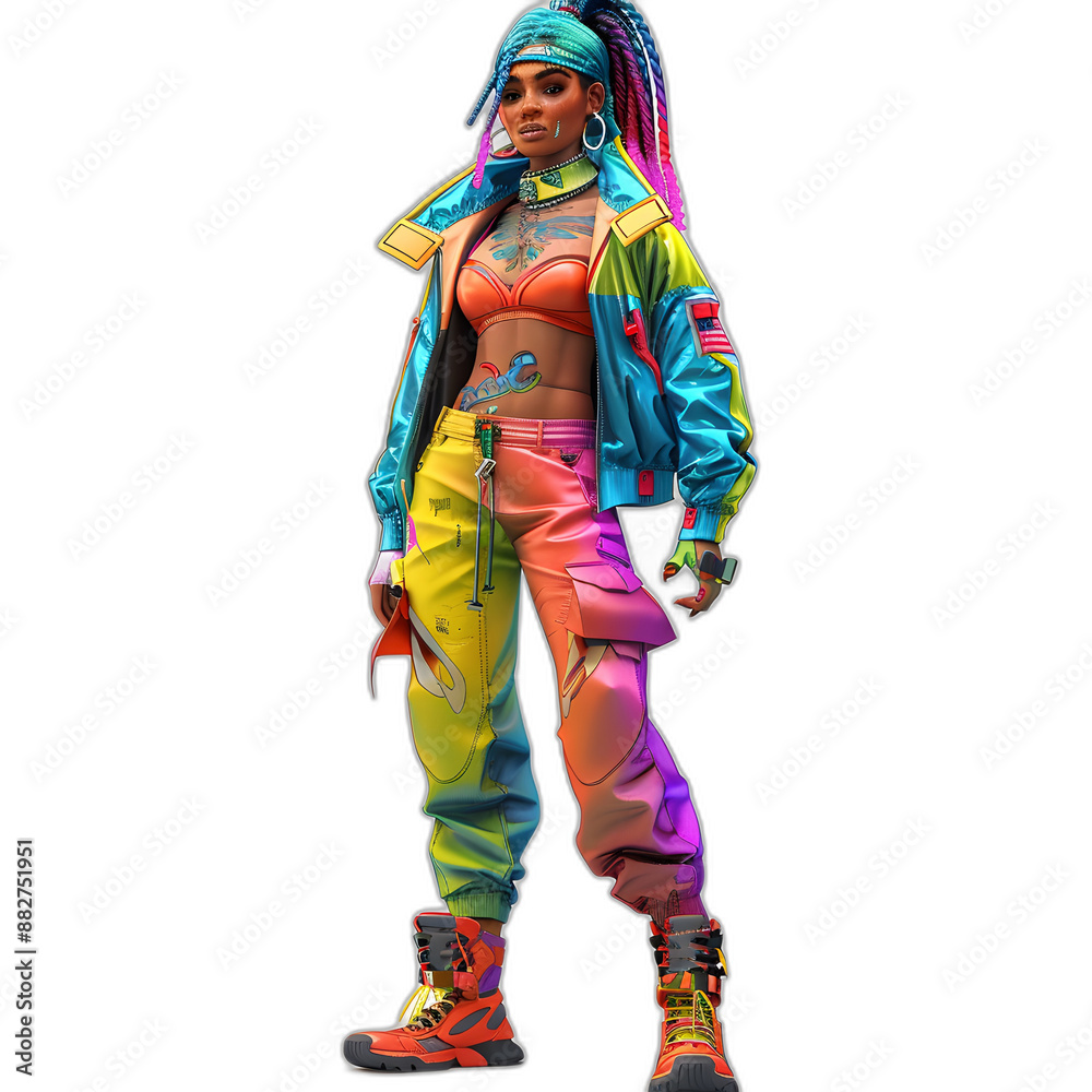 A confident 3D female character with a rainbow tattoo and vibrant clothing, standing strong against a plain white background A confident 3D female character with a rainbow tattoo and vibrant clothing, standing strong against a plain white background