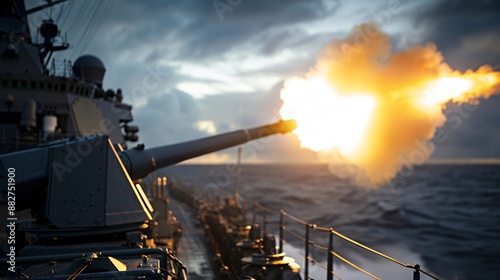 Warship firing weapon system with sunset in the background