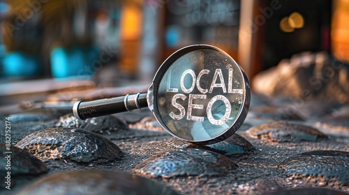 Magnifying glass with local SEO text outdoor scene digital marketing concept search engine optimization