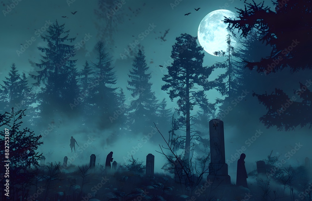 graveyard in the moonlight, misty forest background, crows flying above, mysterious and spooky atmosphere graveyard in the moonlight, misty forest background, crows flying above, mysterious and spooky atmosphere