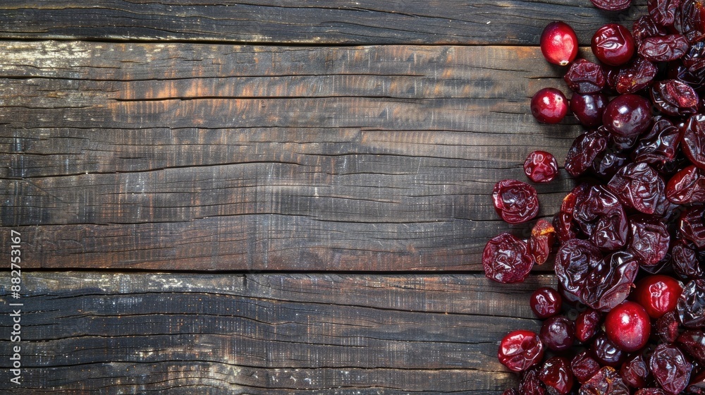 Dried cranberries on wooden surface top down view with room for text Nutritious snack Dried cranberries on wooden surface top down view with room for text Nutritious snack