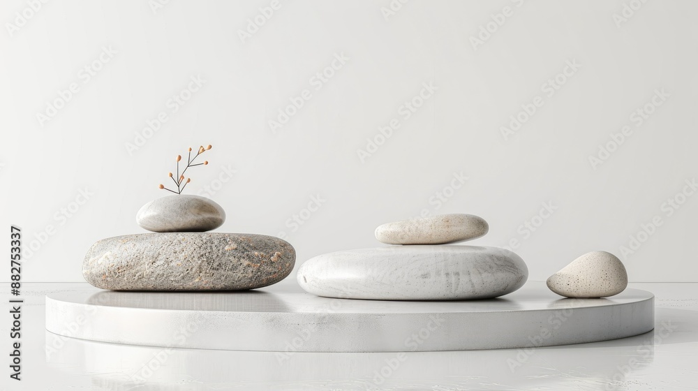 Display your product with pebble stones on podium or platform white background copy space Display your product with pebble stones on podium or platform white background copy space