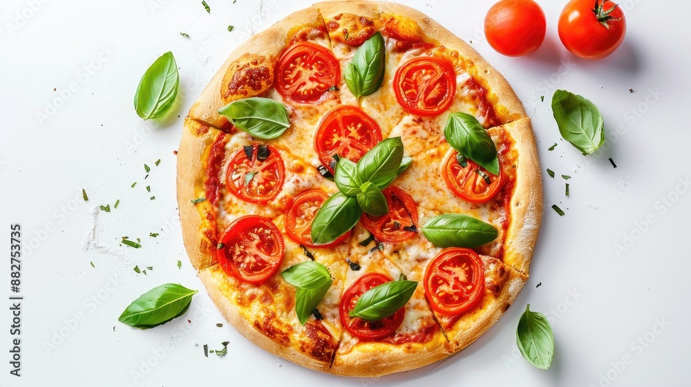 Delicious vegetable pizza with tomatoes basil on white background Bird s eye view Delicious vegetable pizza with tomatoes basil on white background Bird s eye view