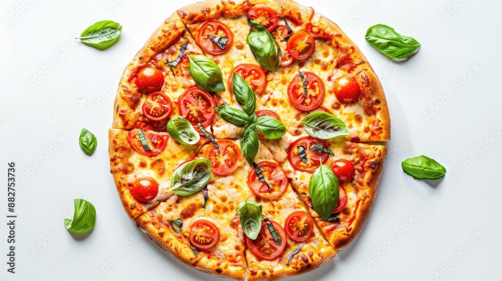 Delicious vegetable pizza with tomatoes basil on white background Bird s eye view Delicious vegetable pizza with tomatoes basil on white background Bird s eye view