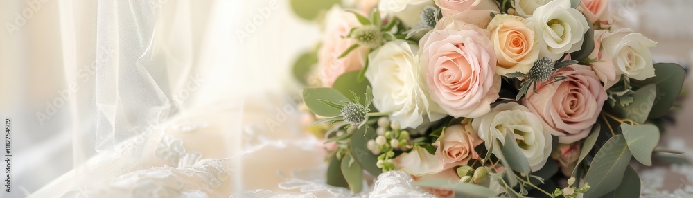 Elegant bridal bouquet of pink and white roses placed on a delicate lace wedding dress, capturing timeless romance and beauty. Elegant bridal bouquet of pink and white roses placed on a delicate lace wedding dress, capturing timeless romance and beauty.