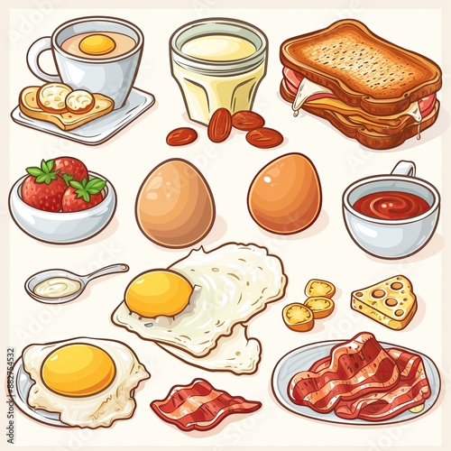 Breakfast Food and Drink Icon Set for Video Games Web Design App Software Objects, Culinary Objects, Restaurant Brunch Menu Items, Cute Bacon and Egg Meal Drawings, Farm Fresh Pork Meat Poultry 