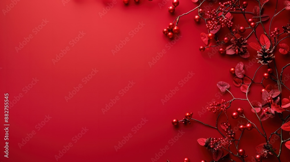 Fototapeta premium Creative christmas framei on red background. Xmas and New Year holiday, banner, postcard, invitation, celebration. Flat lay, top view