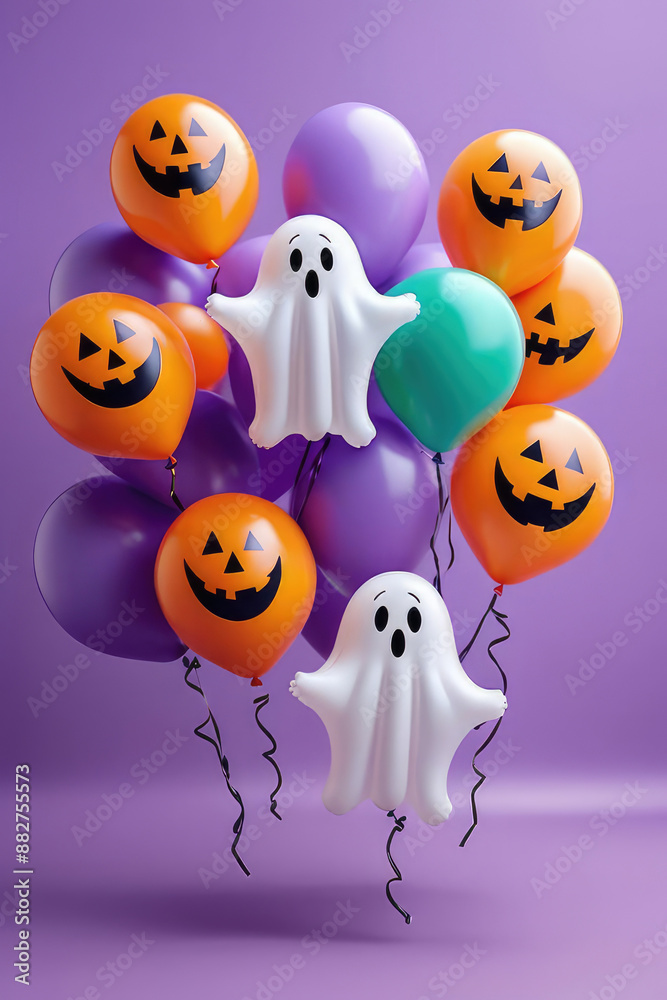 Fototapeta premium Happy Halloween holiday concept with friendly ghost balloons, jack-o-lantern balloons and gold confetti floating against on a lilac background.