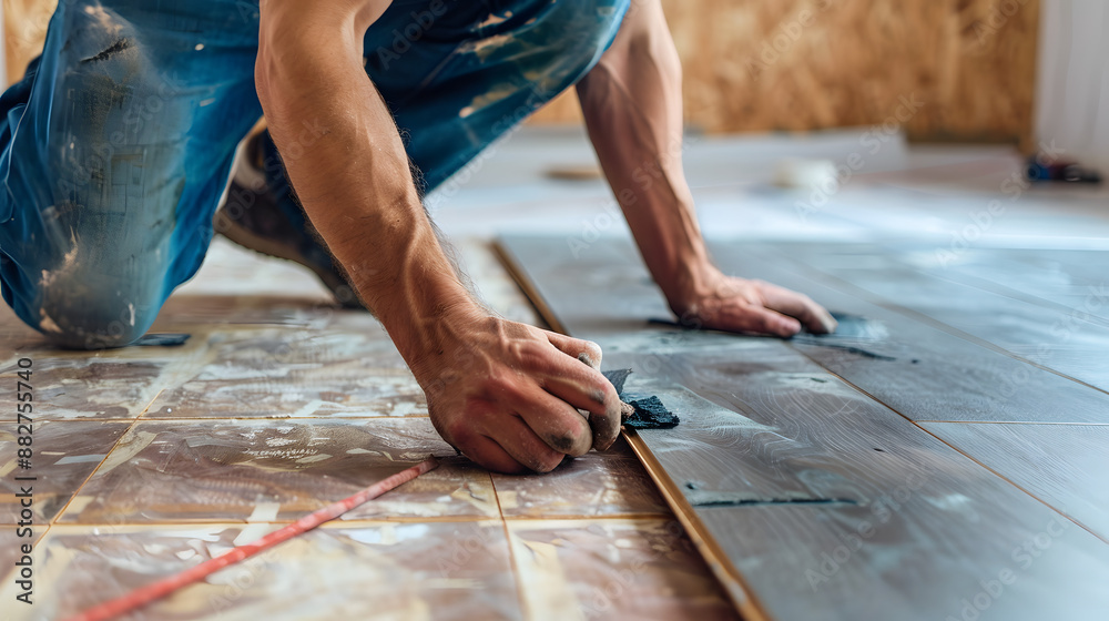 A man installing floating floor A man installing floating floor