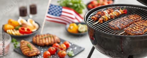 a barbecue grill with food and an American flag, Labor Day theme, vibrant digital painting, festive atmosphere, isolated on white background photo