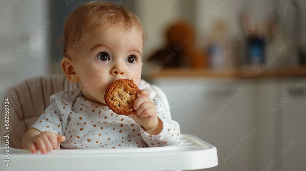 Baby Eating Cookie in High Chair Baby Eating Cookie in High Chair