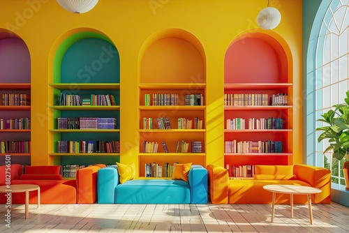 mockup colourfull school library room interior. 3D rendering