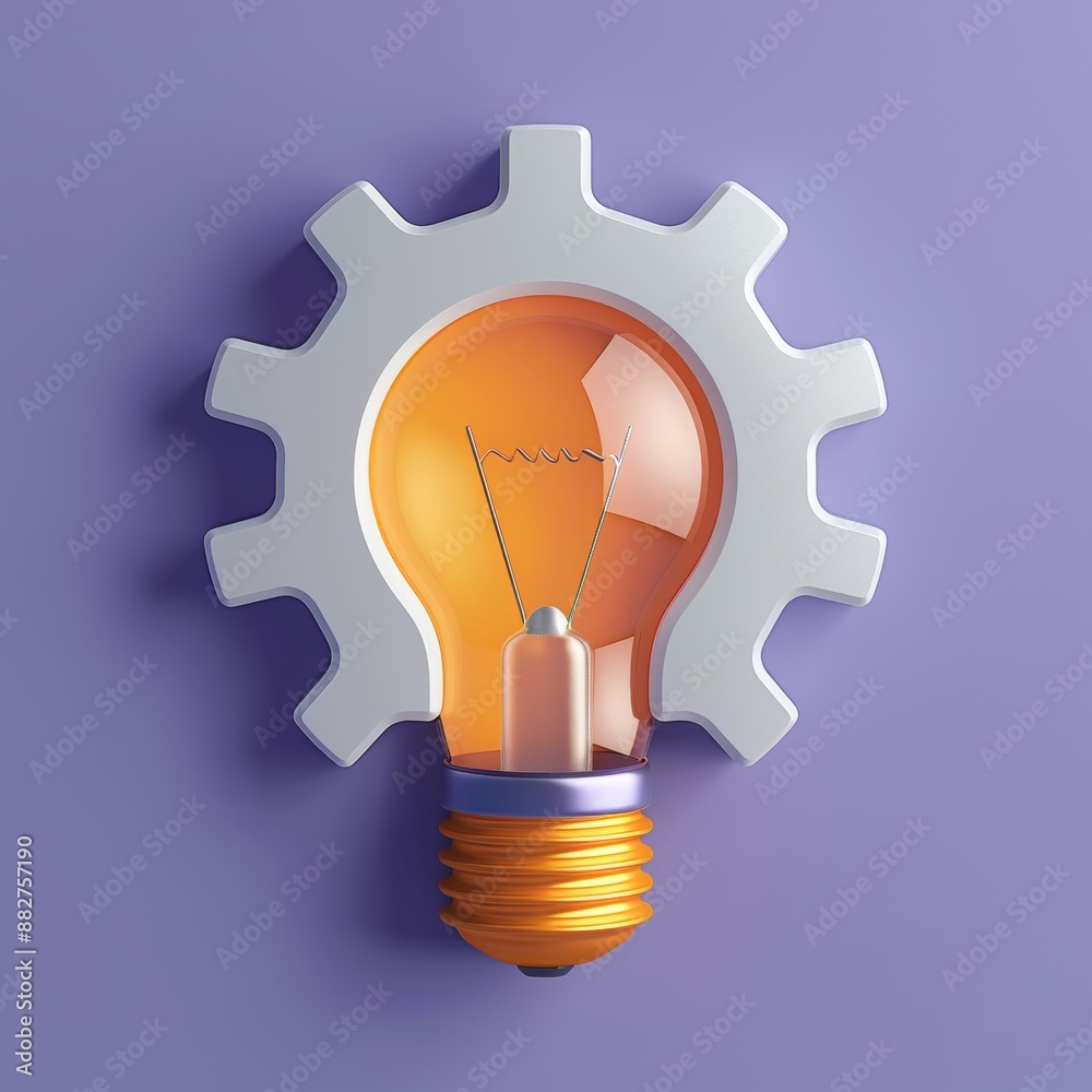 A 3D icon representing innovation and creativity, featuring a light bulb and a gear symbolizing the idea of progress. This dynamic illustration is ideal for projects related to technology, business, A 3D icon representing innovation and creativity, featuring a light bulb and a gear symbolizing the idea of progress. This dynamic illustration is ideal for projects related to technology, business,