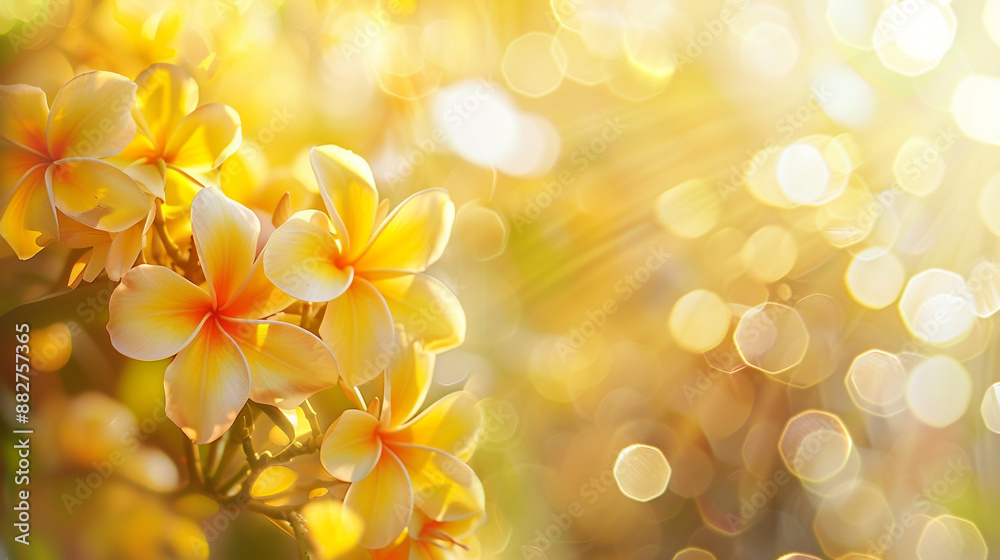 Beautiful yellow frangipani flowers on blurred background with copy space
