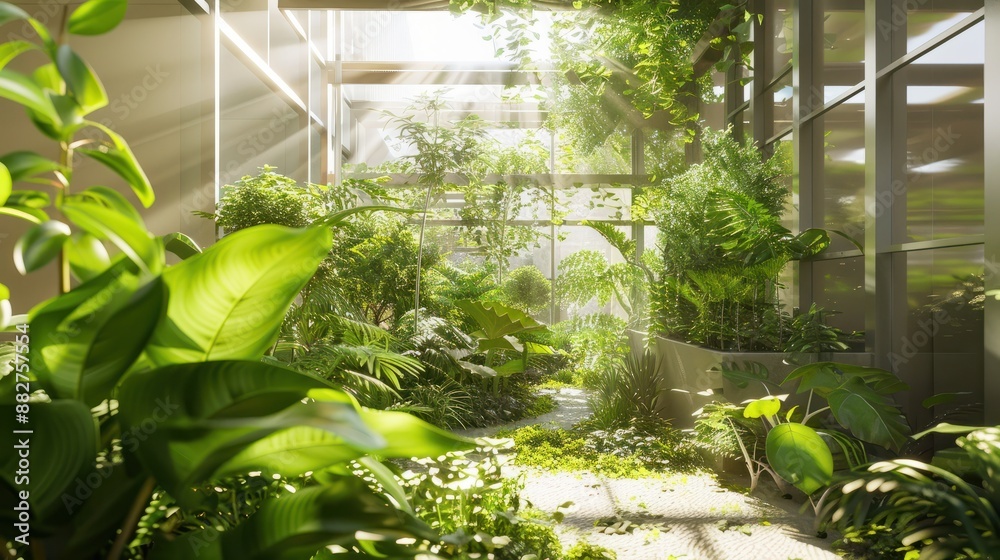 In a creative concept blending technology and nature a white background illuminates a garden filled with vibrant green plants where the energy of Earths light is harnessed through innovativ
