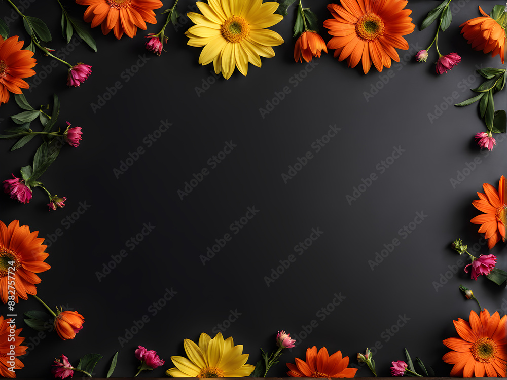 Fototapeta premium Flowers composition. Frame made of colorful flowers on black background. Flat lay, top view, copy space