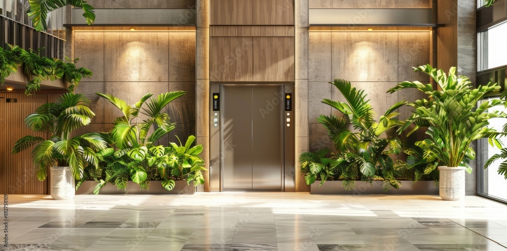 In an upscale lobby, modern elevator doors are elegantly framed by lush greenery, blending contemporary architecture with natural beauty. In an upscale lobby, modern elevator doors are elegantly framed by lush greenery, blending contemporary architecture with natural beauty.